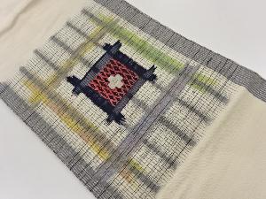 手織り紬変わり織抽象井絣に花模様織出し名古屋帯